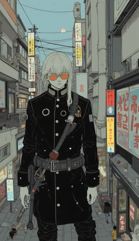 A white-haired young man wearing a black military uniform and round sunglasses with thin orange lenses、On the waist３The Japanese sword in the book with a sword、 Shibuya center street 、Instruct the disposal of dead monsters that have been subdued、 watches v...