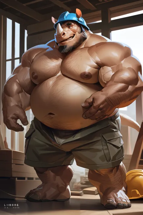 lindong, chubby man wear shorts, (chubby:1.3, fat, fat belly, big belly, musclegut), wearing project helmet, construction, topless, cargo shorts, standing, furry, an anthro (rhino), nipples, an anthto, happy expression, extremely detailed muscle, detailed ...