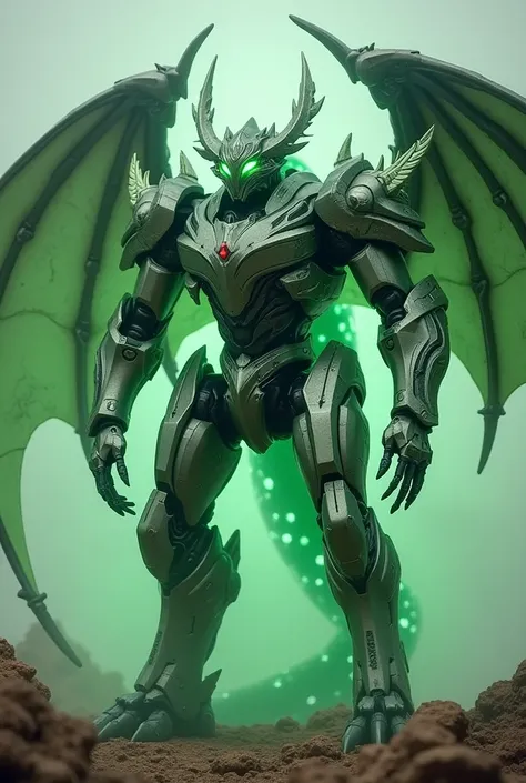 Generate a picture of a mech armor with green aura and resembles a dragon