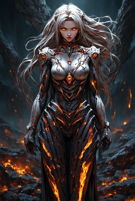 A surreal female figure made of cracked marble and molten rock, with glowing lava-like veins running through her body. Her skin is a mix of white marble with blackened, charred areas, emitting an eerie orange glow from within. Her piercing, glowing eyes ra...