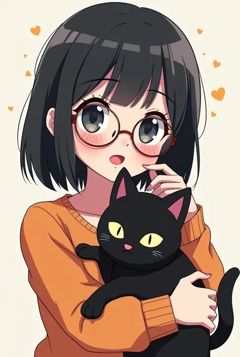 Japanese girl　Black Bob Hair　 I'm wearing glasses　 big eyes 　Japanese manga style for women　 I'm holding a black cat。