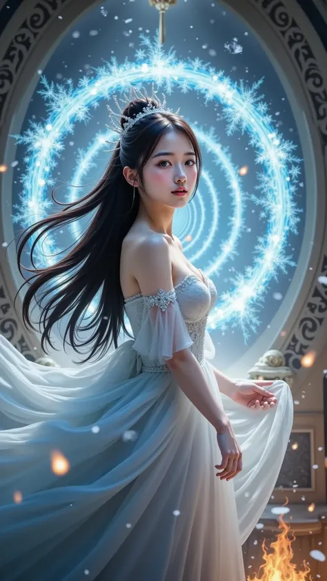 prompt: |
  A young Ice Queen stands within **Faishi Shrine (The Floating Celestial Ice Palace),** surrounded by a vortex of **ice, fire, water, and wind.**  
  Her long black hair flows weightlessly, illuminated by the swirling elements.  
  Snowflakes, e...