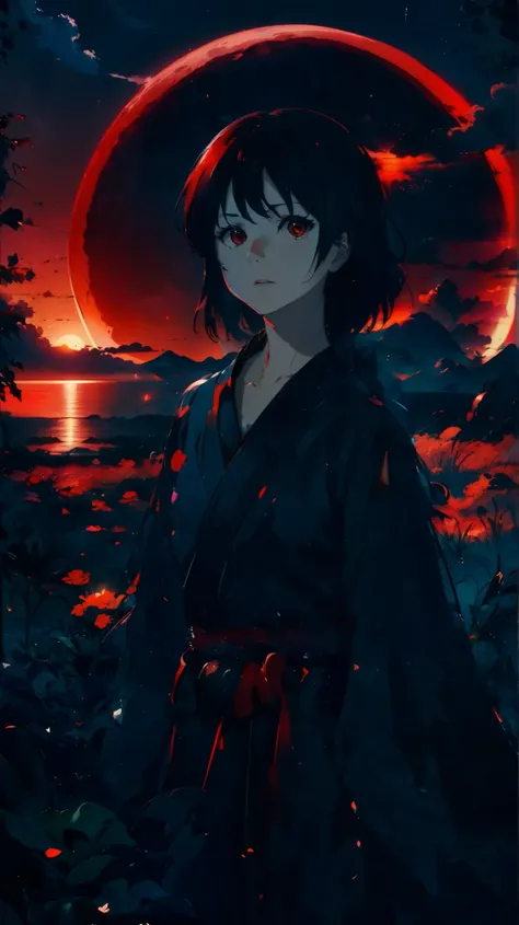 Red sky，Black progressive moon,, blood moon background, Anime art wallpaper 8 K, epic red - orange moonlight，courtyard，The ocean and the fields at night