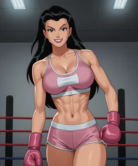 safe_pos, PonyXLV6_Scores BREAK (((retro artstyle, parody, animification)), perfect anatomy, cowboy shot) helena bertinelli, long hair, black hair, black eyes, flirting, raised eyebrow, ((looking at viewer)),   navel, pink boxing gloves, pink boxing shorts...