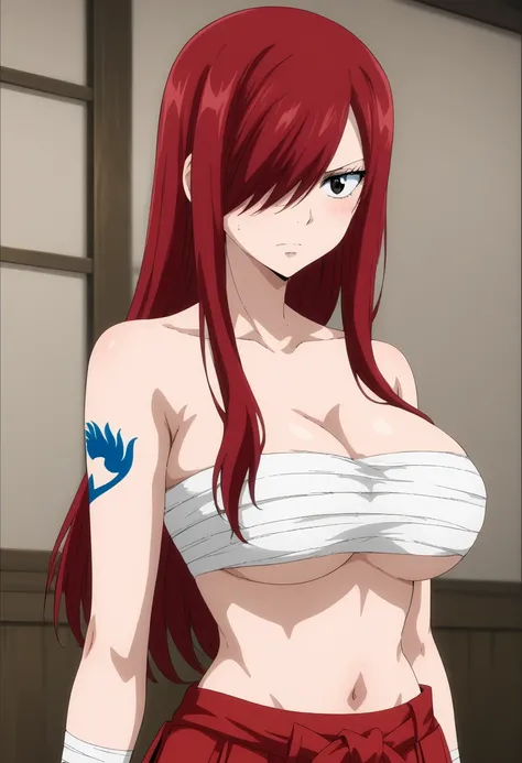  score_9,  score_8_ up the side,  score_7_ up the side,  source_Anime,
 Elsa Scarlet,   hair between eyes , kneel, Chest Sarashi、Stains on the body 、scratch、Hakama、belly button、 seductive looks ,  long red hair、 big breasts, portrait , During combat、 the b...