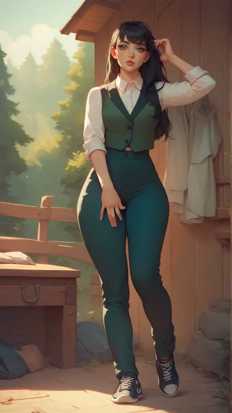 1 woman,  Long hair,  straight hair,  black hair, 1 pink fringe on the face , green pupils ,  Asian facial features, White formal shirt , dark green vest ,  dark blue loose pants,  black sneakers ,  wide hips, Background a cabin in the woods 