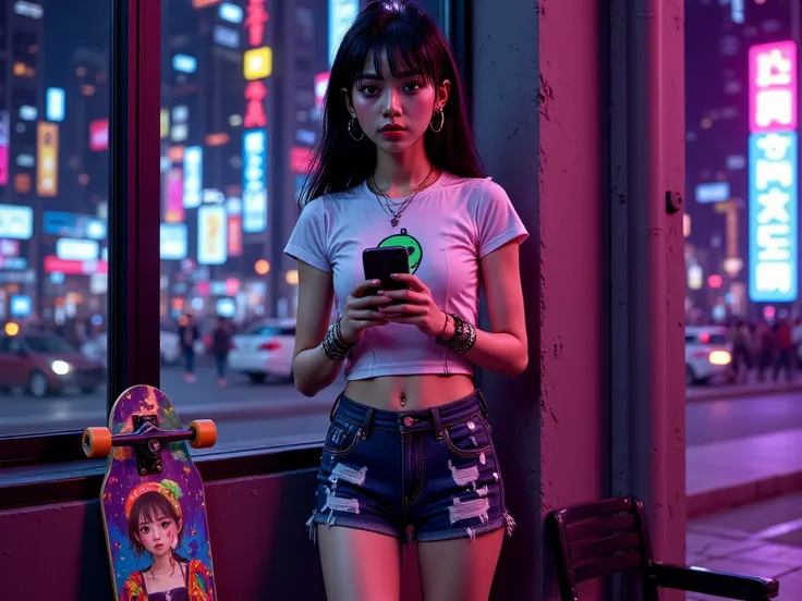 
A slim Korean woman, 25 years old, with a small waist, very thin, slender legs, and a small bust, is standing facing the camera and leaning against a window, using her phone. Her long black hair, styled with a small fringe, is tied back in a ponytail. She...