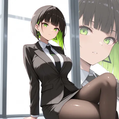 masterpiece, (((( best quality )))),1 girl, Japanese Anime ,character profilele,shiny skin, wearing a black suit,skirt suit, black tie , dark hair, short bob hair,The inner color of the hair is green, green eyes,isosceles triangle earrings, black tights,la...