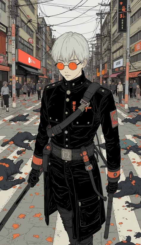 A white-haired young man wearing a black military uniform and round sunglasses with thin orange lenses、On the waist３The Japanese sword in the book with a sword、 Shibuya center street 、Look at the dead bodies of monsters that have been subdued、Taken from ov...