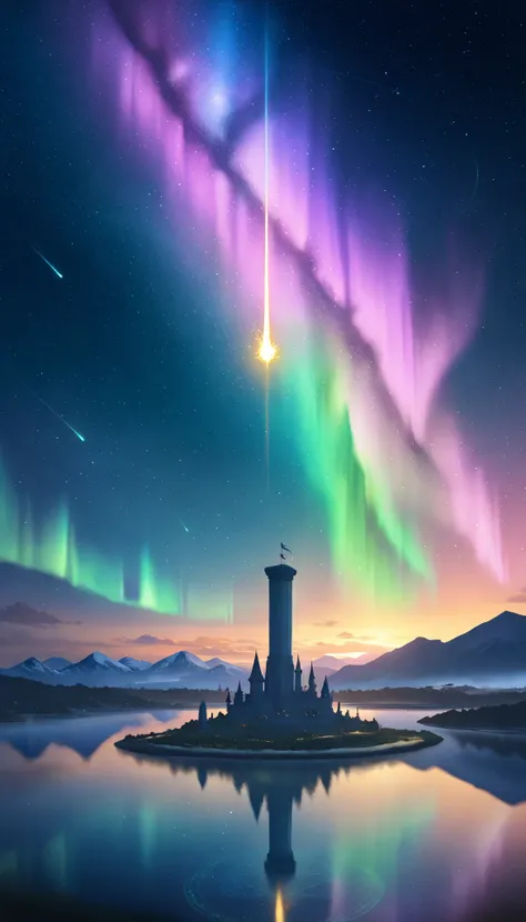 (8k,  top quality,  Masterpiece,   Final Fantasy Style : 1.2), ( unrealistic,  photorealistic: 1.37),  dreamy scenery ,  fantasy,  unrealisticな風景,  very detailed, Flying Medieval Castle,   Island in the Sky  , Seven-colored light swirl, (meteorのMister.leav...