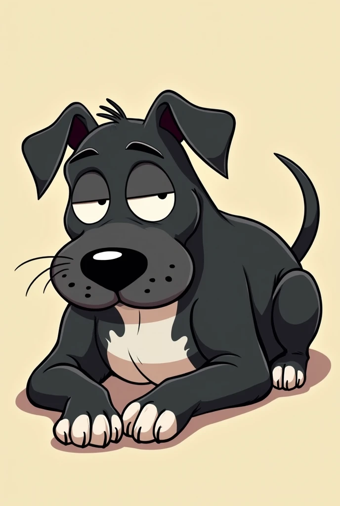 Vector Style, ((comic art)), (cartoon style) a 5, lowbrow art, a tall, fat, old, elderly, senior, aged  black Pitbull cartoon dog laying down with it's front paws under it's chin. it is facing forward, big floppy ears, white whiskers on it's snout, black n...