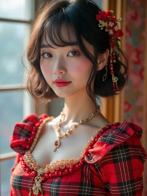 real photograph, Glittering and bright portraits, (masterpiece), (highest quality), (Super detailed), (shape), (one japanese girl), Pretty face like an idol, a frill and jewelry glitter tartan (i.e. plaid pattern or fabric dress, big breast, Are standing, ...