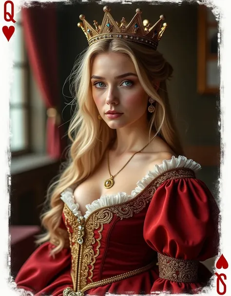 A high definition of a beautiful england girl, with red and gold queen suit and her gold crown, blond wavy hair, blue eyes, looking sharp to the viewer, cleavage, intricate detail, 12K, masterpiece, insane detail, cinematic lighting. There is a white frame...