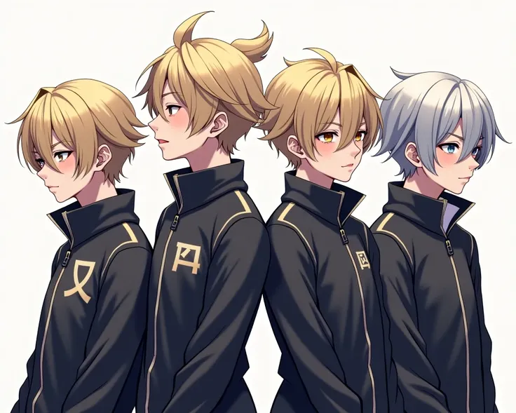 donnez moi un group de garçon oc male cheveux herisssé blonds et gris stylé artificial.
avec plusieurs personnage Charismatic et menaçant avec des gilet de sport avec le nom shikagen en lettre Japonais generé par AI Artificiel et midjourney.