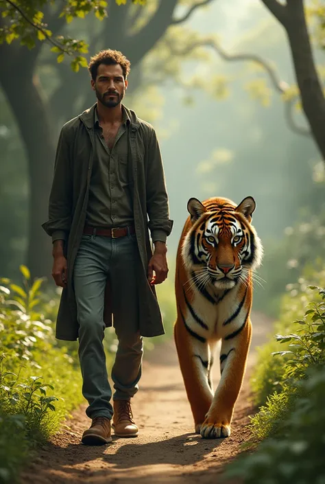 A man stands walking alongside a tiger 