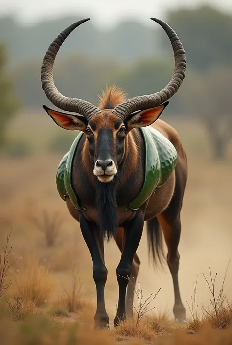 Wildes Hartebeest.  A large antelope creature  (Alcelaphus buselaphus ) With impressive horns, stands in attack position, its muscles tense ,  while it pounces at an enemy . Wears protective armor in green white