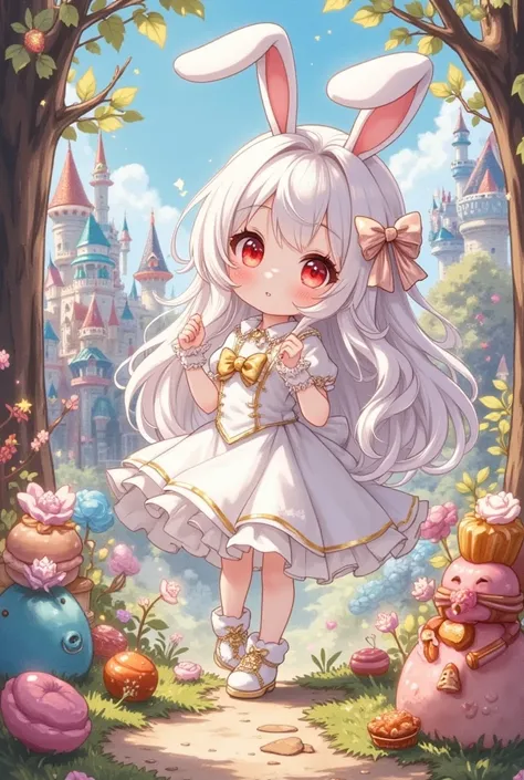 (masterpiece,best quality:1.2),hand draw illustration, watercolor,chibi cute kawaii white bunny girl in the dream world,the girl\(very cute girl,bunny-tail ,white fluffy bunny-ears,very long hair,white hair,big back silk hair-bow,warm deep red eyes, sparkl...