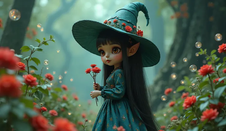 Masterpiece, best quality, ultra-detailed white and long hair,chibi, goblin witch, wearing a witch's hat, a picture on the wall, ((in the picture the goblin witch is holding daisies in her hand)), a lot of details, additional details-goddess of (((full bod...