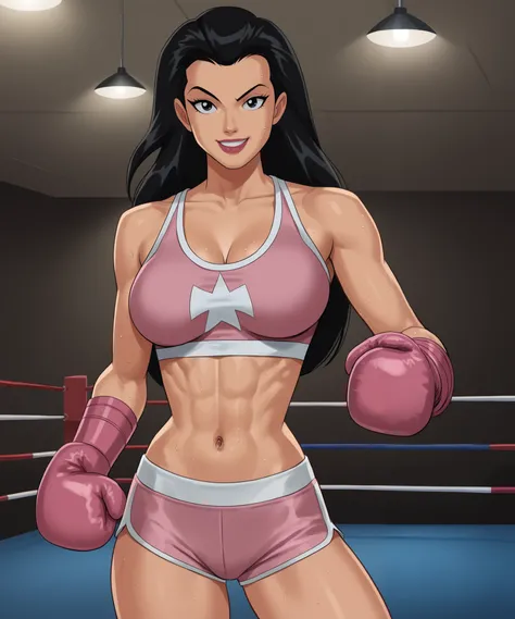 safe_pos, PonyXLV6_Scores BREAK (((retro artstyle, parody, animification)), perfect anatomy, cowboy shot) helena bertinelli, long hair, black hair, black eyes, flirting, raised eyebrow, ((looking at viewer)),   navel, pink boxing gloves, pink boxing shorts...