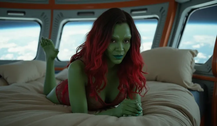 an alien woman gamora with green skin and long red hair from Guardians of the Galaxy potrayed by actress zoe saldana,  sexy pose, seductive, flirting, looking at viewer, sexy red lingerie, sexy lingerie suspenders, sexy red thong, lying on bed, prone posit...