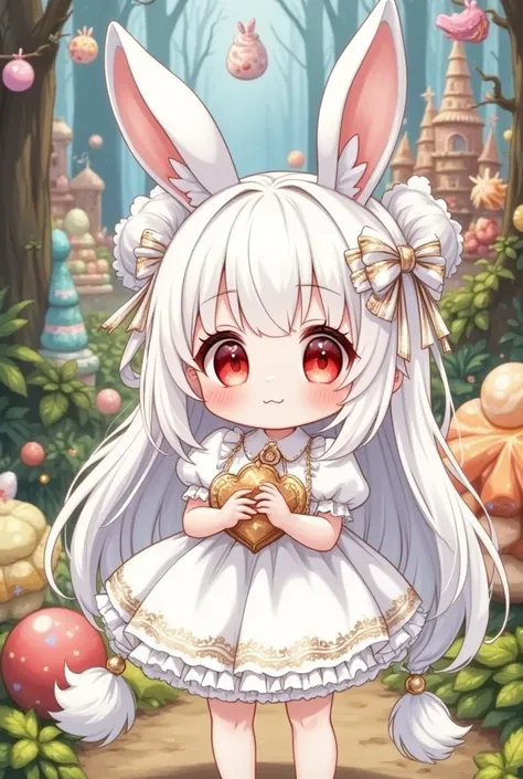 (masterpiece,best quality:1.2),hand draw illustration, watercolor,chibi cute kawaii white bunny girl in the dream world,the girl\(very cute girl,bunny-tail ,white fluffy bunny-ears,very long hair,white hair,(big back silk hair-bow),warm deep red eyes, spar...