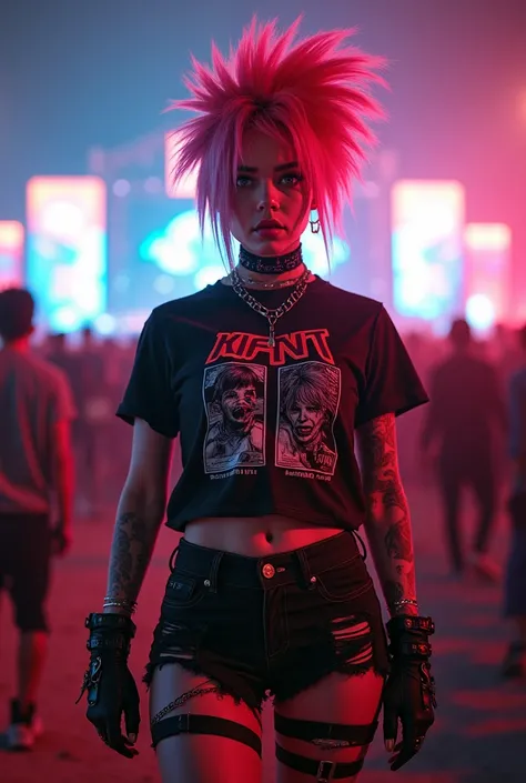 , punk style, skirt, Striped stocking , mohawk hair, Music festival, band t-shirt,  torn clothes, current