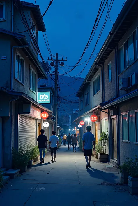 The Korean slum at night .  It lists inns and old hardware stores. .  has a motel building in the middle. .  A total of 8 women and men are walking along the path. {x}.  It looks back and forth .  animated picture with blue flower on background.