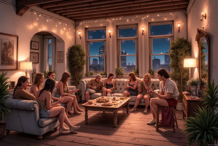 An inviting apartment bathed in the soft glow of cozy lights on a lively night. The living room is the heart of the party, with groups of friends mingling comfortably amidst the warm ambiance. Fairy lights are strewn across the ceiling, casting a playful t...