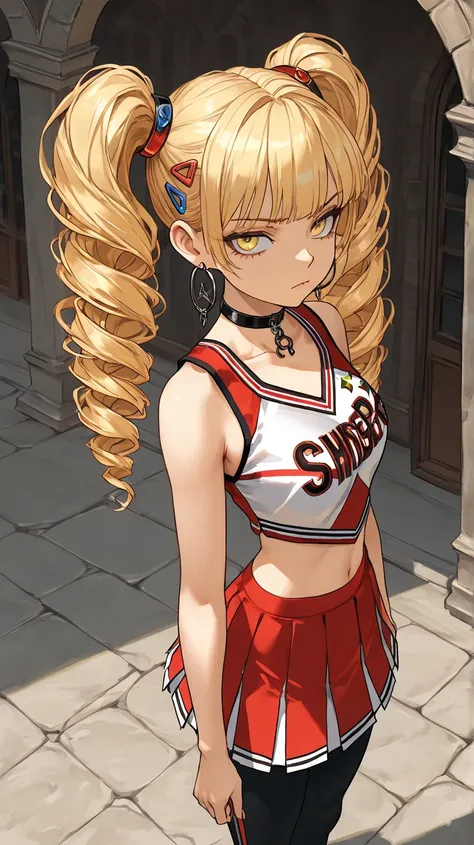 1Girl, Mature, Caucasian, Canadian, Light Skin, Long Curly Ginger Hair, Twintails, Yellow Eyes, Medium Chest, Black And Red Cheerleader Uniform, Black Leggings, Black Choker, Yellow Hair Clips, Hoop Earrings, Looking At Viewer, Bored, Serious, Confident Po...