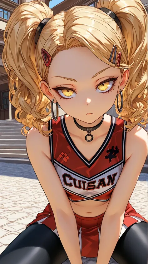 1Girl, Mature, Caucasian, Canadian, Light Skin, Long Curly Ginger Hair, Twintails, Yellow Eyes, Medium Chest, Black And Red Cheerleader Uniform, Black Leggings, Black Choker, Yellow Hair Clips, Hoop Earrings, Looking At Viewer, Bored, Serious, Confident Po...