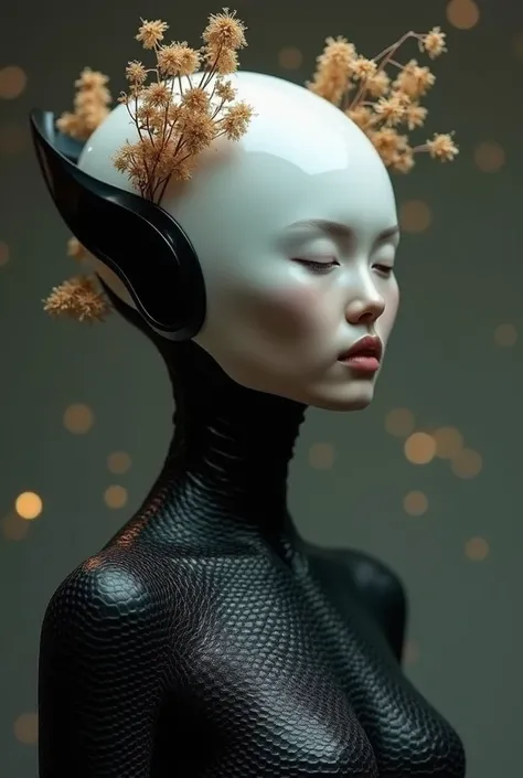 This is a surreal, futuristic portrait of a humanoid figure that blends elements of nature, technology, and elegance. The figure has a sleek, black, textured, organic-like bodysuit resembling reptilian skin, which flows seamlessly over the shoulders and ar...