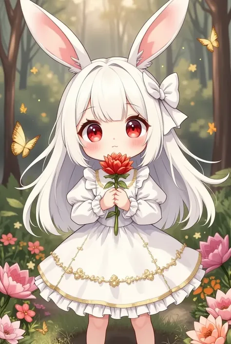 (masterpiece,best quality:1.2),hand draw illustration, watercolor,chibi cute kawaii white bunny girl in the dream world,the girl\(very cute girl,(big back hair-ribbon),bunny-tail ,white fluffy bunny-ears,very long hair,white hair,warm deep red eyes, sparkl...