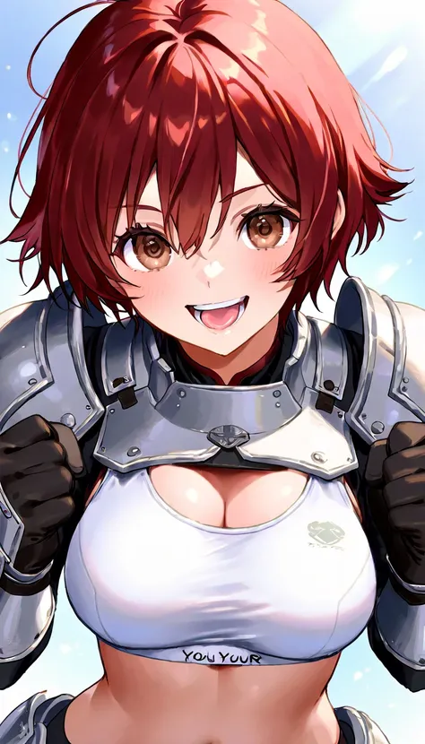 ( fantasy world、 Female Warrior)、((  1 female ))、(( red hair、 short hair ))、(())、(( white sports bra 、Western light armor 、Fighting Gloves))、  Masterpiece、  high resolution、  high quality 、32K、 (  brown eyes、  delicate eye description  )、( open your mouth、...