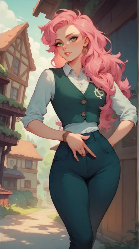 1 woman, sexy body,  Long hair,  straight hair,  pink hair, green pupils ,  Japanese facial features ,  long eyelashes, White formal shirt , dark green vest ,  dark blue loose pants,  wide hips, Background a house in the woods