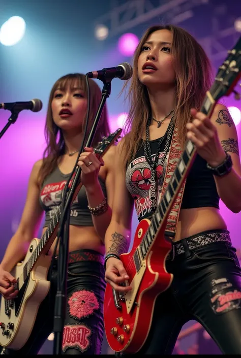 Create two agers girls with guitars and Rock in Rio metal style shirts, live concert on stage, closeup shot