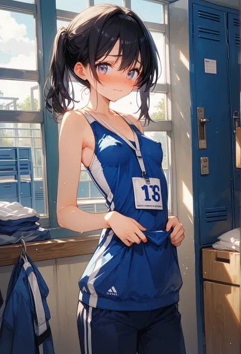 ((1人の girl)),  locker room,  There's No One Around ,  evening,  window with my pants off, nsfw,  Masterpiece, 8k,  girl,  small breasts, , light, god々Shii, まぶShii,   black hair, Nipples,  embarrassed face, , sweat,  change clothes, The sun is shining throu...