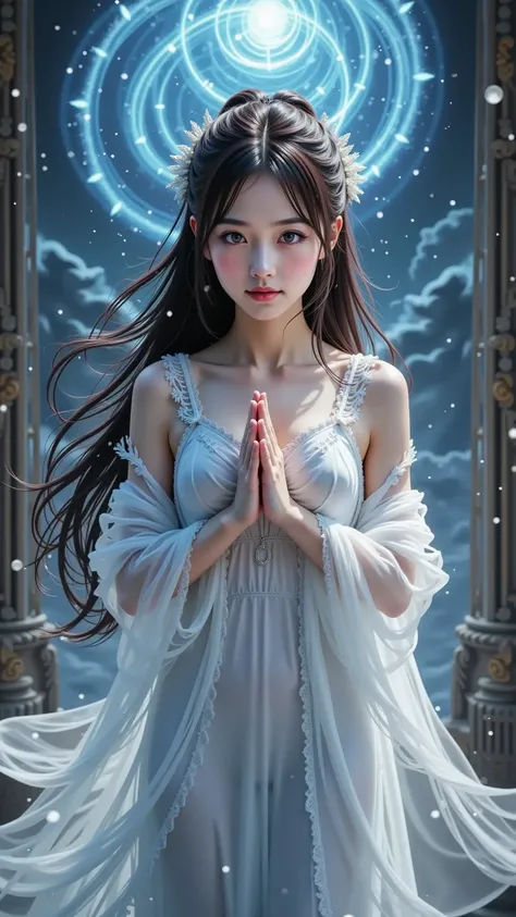 prompt: |
  A young Ice Queen stands within **Faishi Shrine (The Floating Celestial Ice Palace),** surrounded by a vortex of **ice, fire, water, and wind.**  
  Her long black hair flows weightlessly, illuminated by the swirling elements.  
  Snowflakes, e...