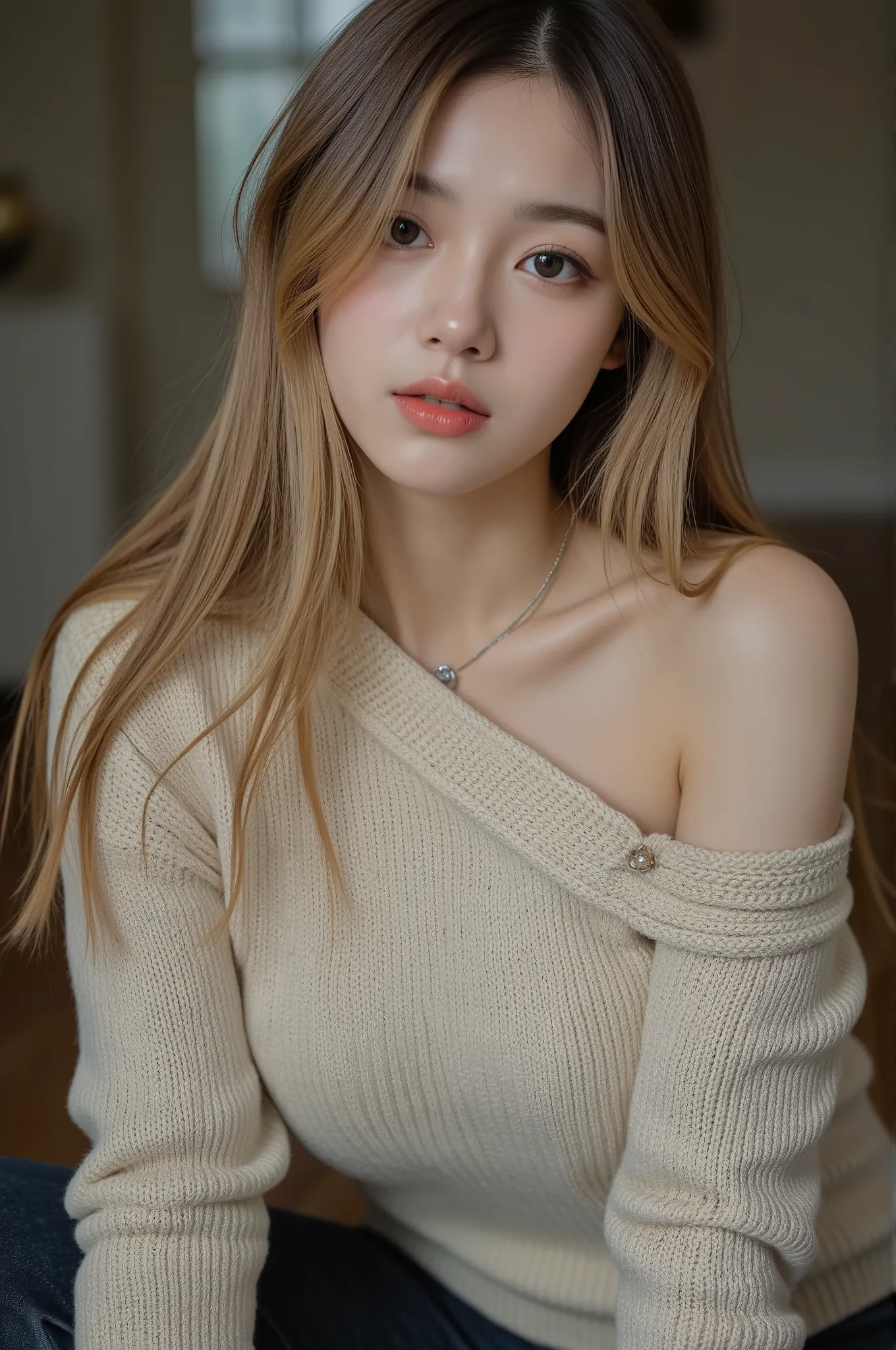  1 girl, Age 19, Alone,  long hair, Huge chest,  staring at viewers , Blonde,  shoulder out,  brown eyes, gem,  full body,  Necklace ,  off shoulder,  sweater,  is present,  sexy