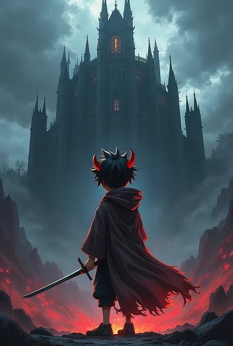 A anime boy with brown skin and fluffy black and red hair with demon horns and a sword, infront of a dark castle theme 