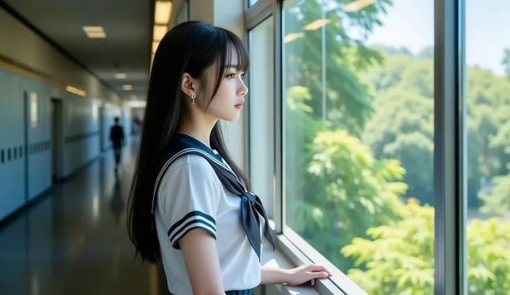  long black hair 、 High School Girl in Sailor Suit 、School corridor、I'm looking at the scenery outside from the window