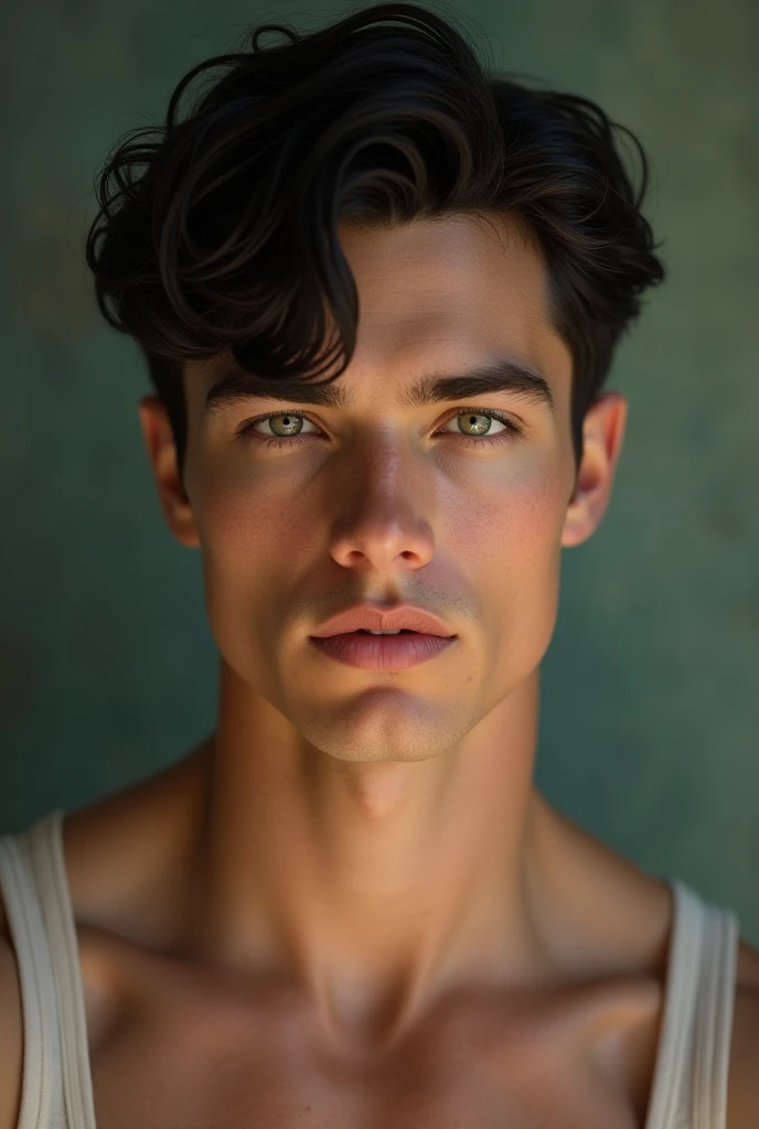 18-year-old Caucasian male ,  without beard perfect face defined jaws and raised cheekbones, soft lips black hair and penetrating green eyes , divine beauty,  muscular body 
