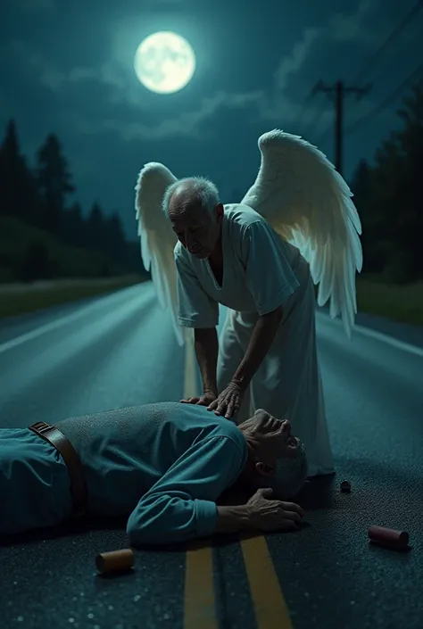 Old man lying in middle of road shot to death visible gun wounds with an angel standing over in looking to the sky crying full moon 8k resolution