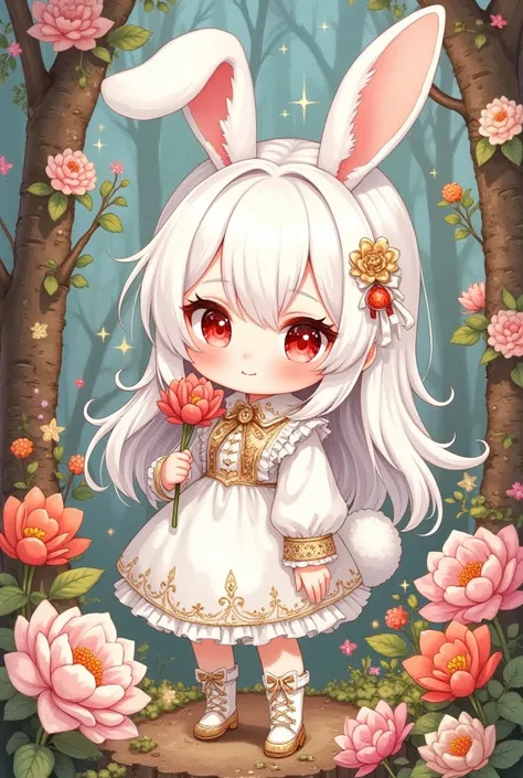 (masterpiece,best quality:1.2),hand draw illustration, watercolor,chibi cute kawaii bunny girl in the dream world,the gir\((big back hair-ribbon),bunny-tail ,white fluffy bunny-ears,very long hair,white hair,warm deep red eyes, sparkling eyes,closed mouth,...