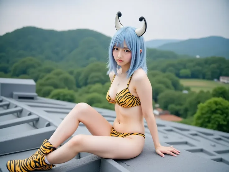 a 18-year-old Japanese girl (light blue hair, semi-long to the shoulder, bangs reaching to eyebrows, straight hair, swaying hair, side fringe, Brown eyes), with oni horns, wearing a tiger print bikini, yellow and black strap pattern small horns, tiger prin...