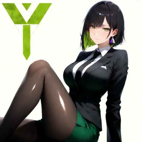 masterpiece, (((( best quality )))),1 girl, Japanese Anime ,character profilele,shiny skin, wearing a black suit,skirt suit, black tie , dark hair, short bob hair,The inner color of the hair is green, green eyes,isosceles triangle earrings, black tights,la...