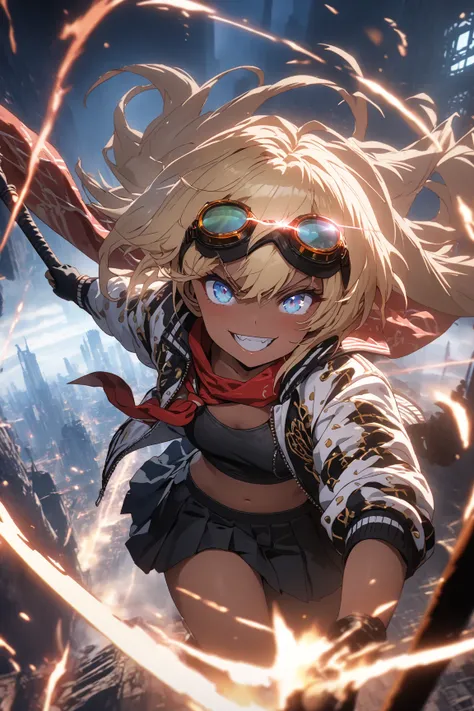 score_9, score_8_up, score_7_up, score_6_up, score_5_up, score_4_up,anime artwork masterpiece,best quality, unreal engine, ultra res, extremely detailed, One Girl,blonde hair,long hair,blue eyes,Glowing Eye Trail,tan skin,biker goggles on head,black sailor...