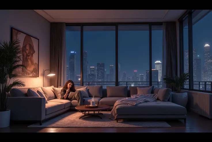 A cozy modern apartment at night, dim light illuminating the living room.