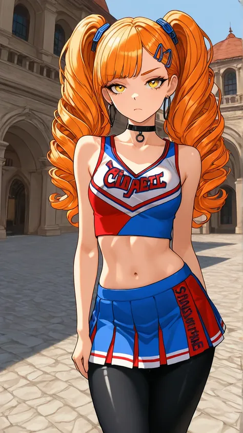 1Girl, Mature, Caucasian, Canadian, Light Skin, Long Curly Orange Hair, Twintails, Shiny Hair, Yellow Eyes, Medium Chest, Black And Red Cheerleader Uniform, Black Leggings, Black Choker, Yellow Hair Clips, Hoop Earrings, Looking At Viewer, Bored, Serious, ...