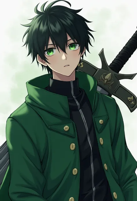 An anime male character wearing green-black cloth and inside has a black shirt, has green eye, black hair. He has a giant sword and he is cold hearted.