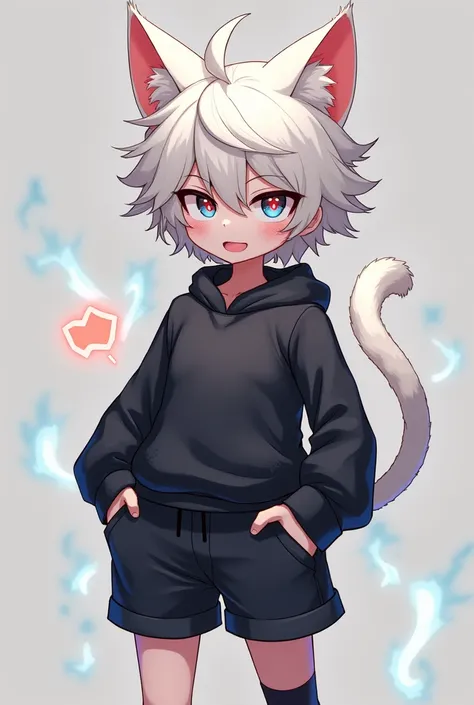 Furrycatboy, 1 boy, Thin body,  cute face , White fur, White and messy hair,  blue eyes ,  Black Sweater ,  black shorts ,  socks , Pose, 18+,  red eyes, 2D